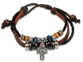 Leather and cotton bracelet with silver cross