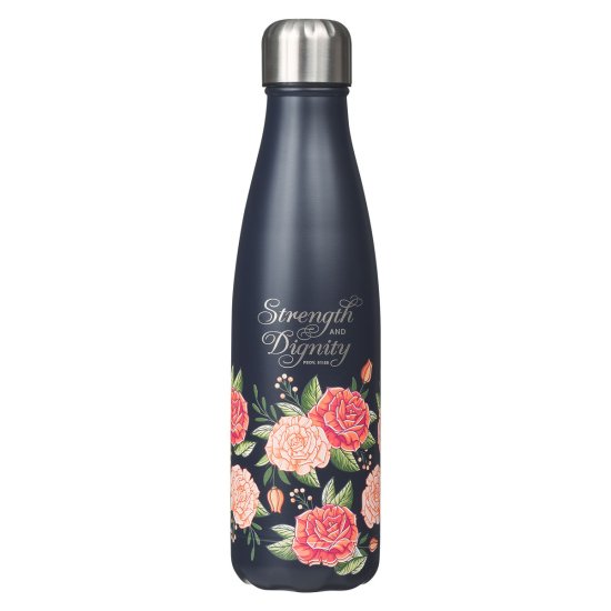 Strength and Dignity - Pink Rose Stainless Steel Water Bottle - Proverbs 31:25