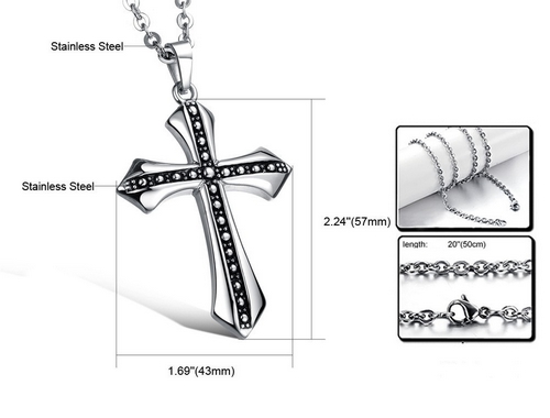 Stainless Steel Cross Pendant Necklace with Zircon Inlaid (silver with black)
